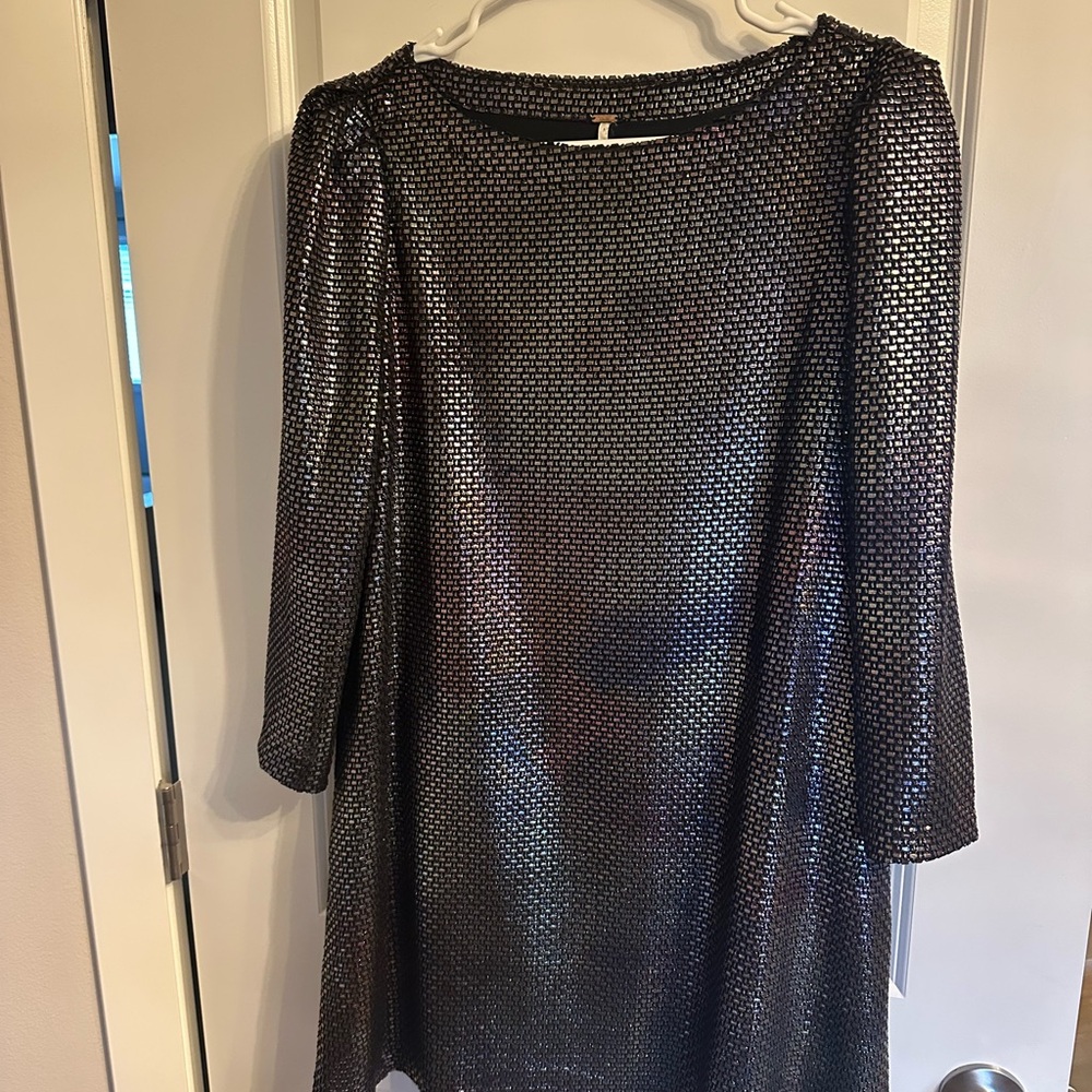 Free People Black Cocktail Sheath Dress with Bishop Sleeves